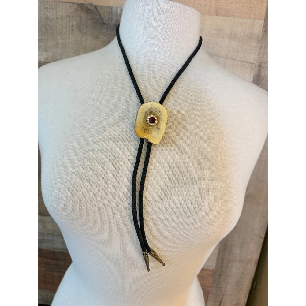 Vintage Western Slice Bolo Tie Red Rhinestone Halo Black Cord Brass Tips